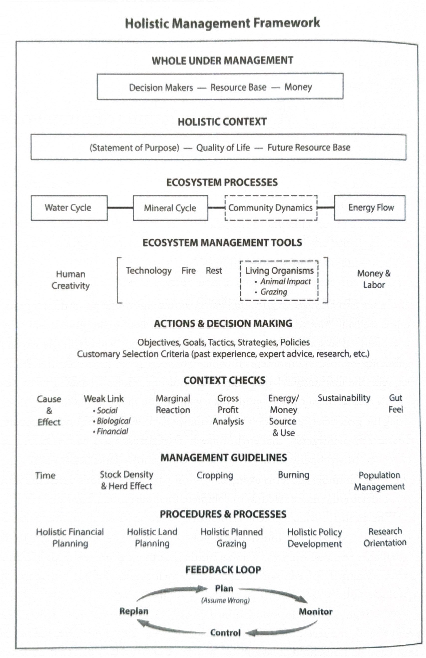 Allan Savory's Holistic Management Framework diagram, showing the whole under management, holistic context, ecosystem processes, the tools, and the feedback loop.
